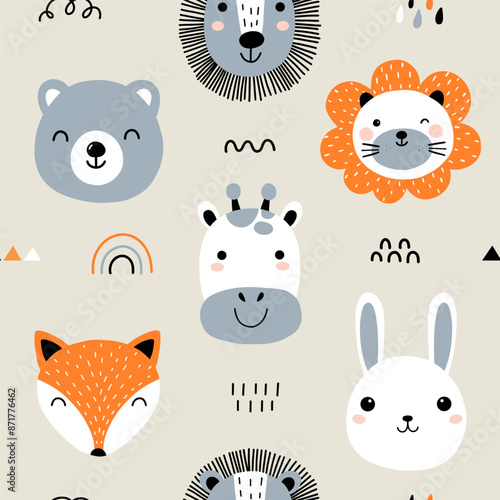 Seamless childish pattern with cute animal faces. Creative kids forest texture for fabric, wrapping, textile, wallpaper, apparel. Vector illustration