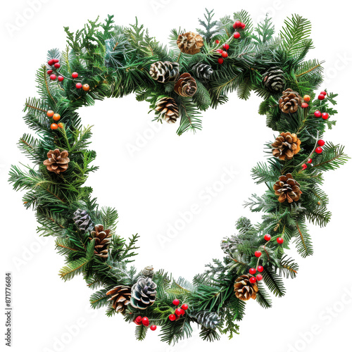 Christmas or Winter Wedding Wreath Heart-Shaped White Isolated on Transparent or White Background, PNG