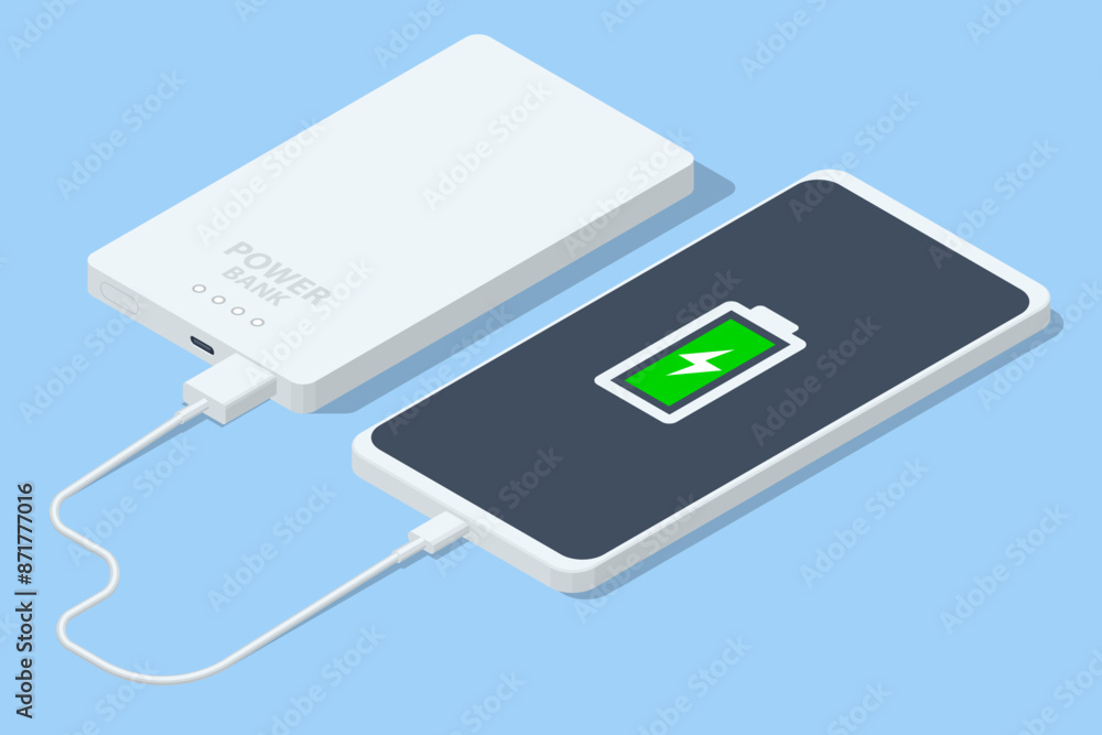 Isometric Cell phone connected to power bank. Powerbank charges smartphone isolated. Portable charger Isometric Cell phone connected to power bank. Powerbank charges smartphone isolated. Portable charger