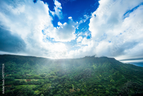 Aerial view of Olomana Angel Wings in lush green landscape, Hawaii, United States. photo