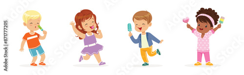 Cute Kid Character Eat Ice Cream Tasty Dessert Vector Set