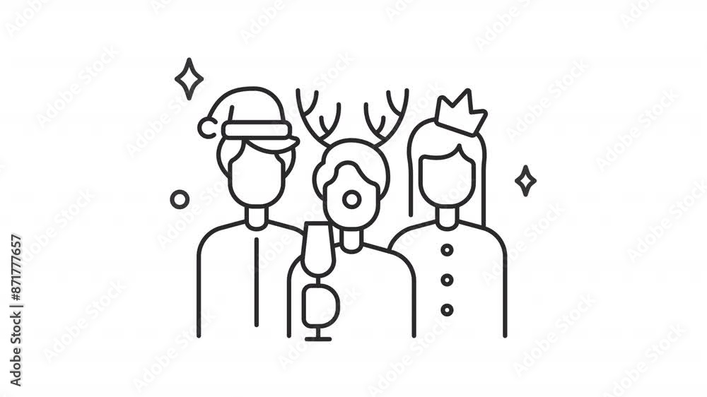 Christmas celebration line animation. Xmas holiday animated icon. Drink proposing. Moving heads. Champagne glass. Black illustration on white background. HD video with alpha channel. Motion graphic Christmas celebration line animation. Xmas holiday animated icon. Drink proposing. Moving heads. Champagne glass. Black illustration on white background. HD video with alpha channel. Motion graphic