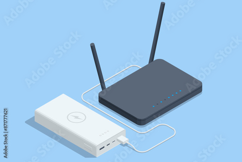 Isometric Power bank and router isolated on background. Stylish charger rechargeable battery. Portable charger