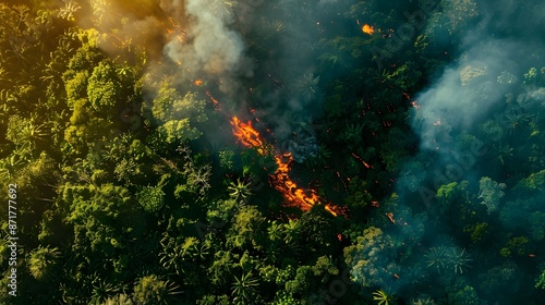 aerial shot of fire dividing lush green forest