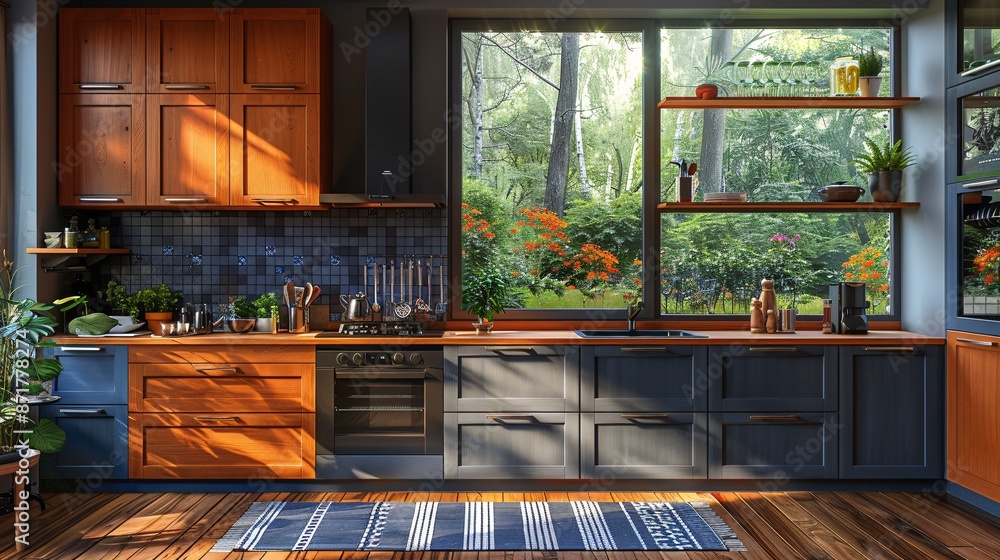 Fototapeta premium Cozy kitchen space with panoramic window for cooking and dining.