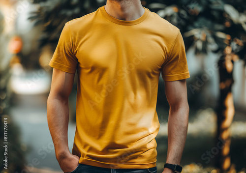 yellow men's t-shirt mockup © BINTANG