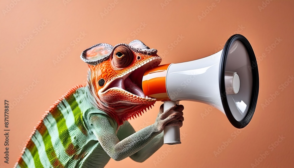 Naklejka premium creative announcement concept vibrant chameleon appears shouting megaphone solid orange background showcasing playful mix wildlife