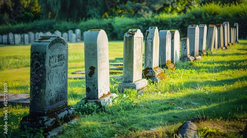 an orderly row of grey tombstones against a green lawn