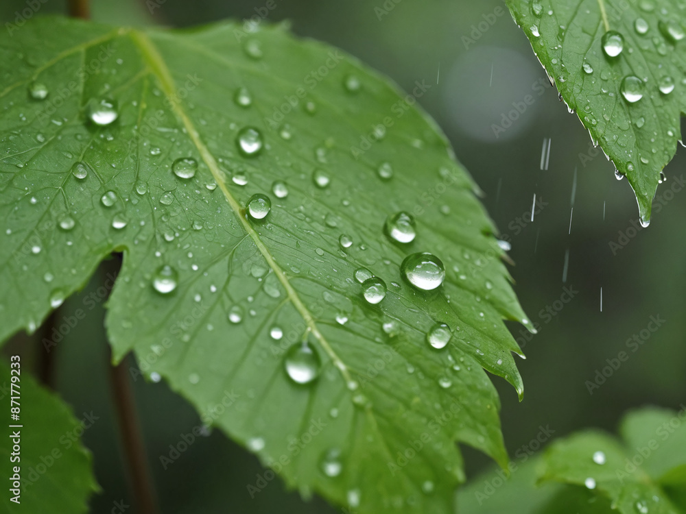 A macro shot capturing the dynamic dance of raindrops as they meet the earth, set against a canvas of green foliage A macro shot capturing the dynamic dance of raindrops as they meet the earth, set against a canvas of green foliage