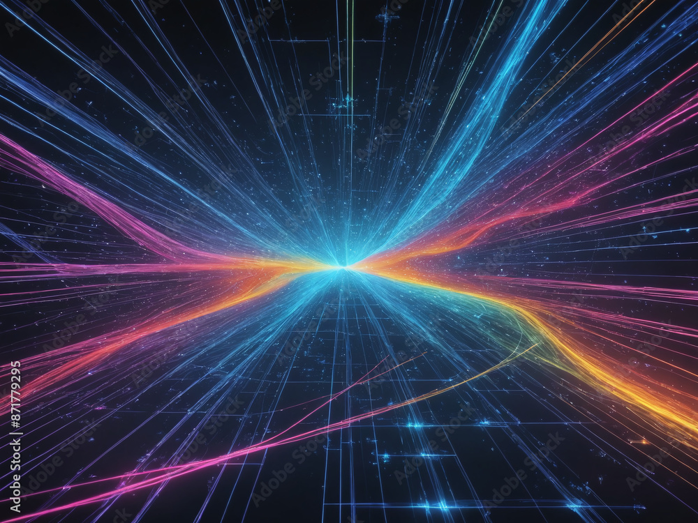 A mesmerizing visualization of data flow, with lines, nodes, and vibrant colors representing information exchange A mesmerizing visualization of data flow, with lines, nodes, and vibrant colors representing information exchange