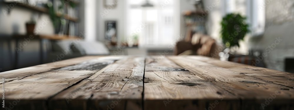 Empty wooden table with living room in the blured background. Copy space. Empty wooden table with living room in the blured background. Copy space.