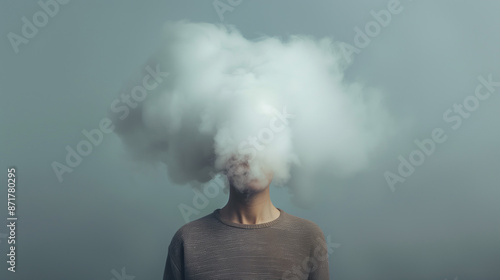 A man with a cloud over his head. Could be a concept for mental health issues illness, brain fog or migraine headaches. Could also be for therapy to help dispel negative thoughts.