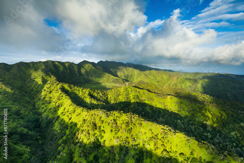 Aerial view of lush greenery and scenic terrain at Kaau Crater, Oahu, United States. photo