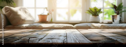 Empty wooden table with living room in the blured background. Copy space. 