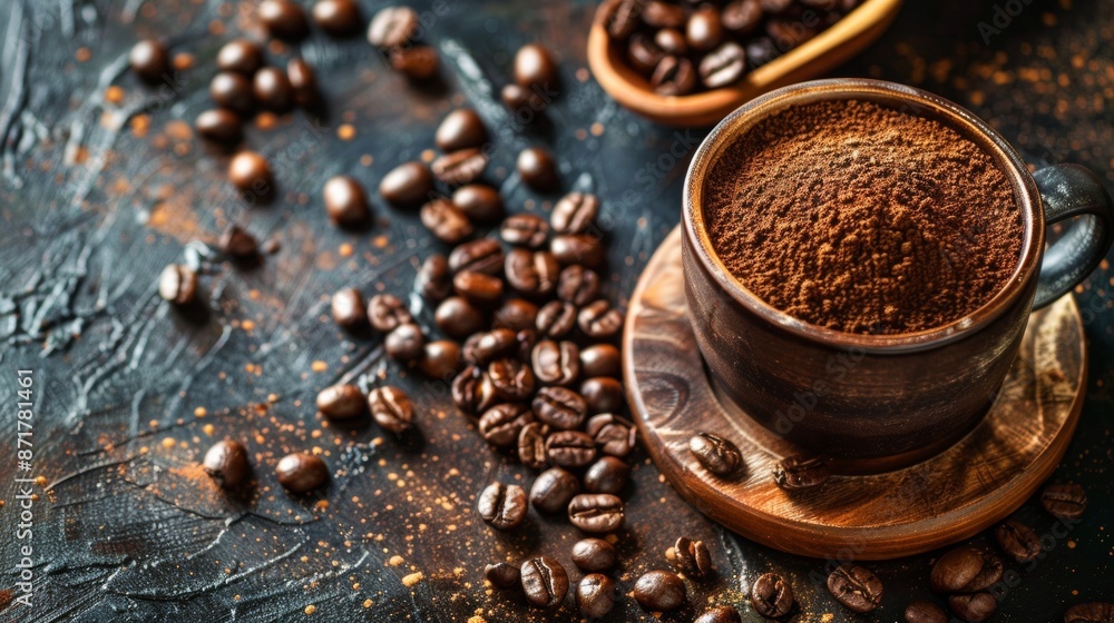 Coffee cup and beans with ground coffee on dark background Coffee cup and beans with ground coffee on dark background