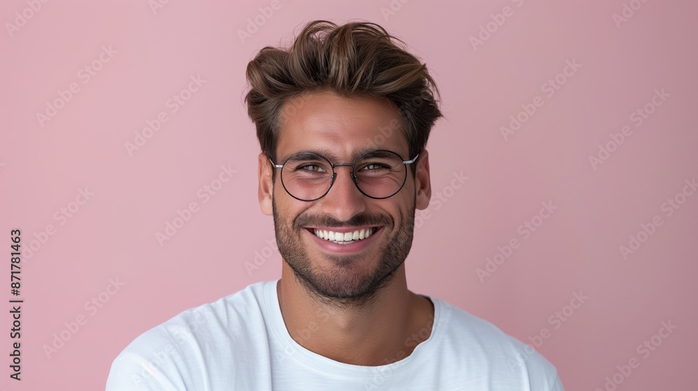 A man with glasses is smiling and wearing a white shirt. He is posing for a picture. Concept of happiness and confidence A man with glasses is smiling and wearing a white shirt. He is posing for a picture. Concept of happiness and confidence