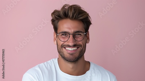 A man with glasses is smiling and wearing a white shirt. He is posing for a picture. Concept of happiness and confidence