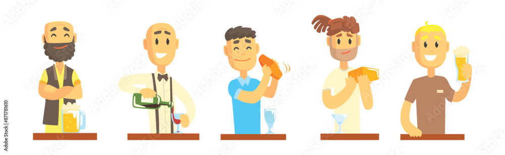 Man Bartender Character Pouring and Serving Alcoholic Drink at Counter Vector Set Man Bartender Character Pouring and Serving Alcoholic Drink at Counter Vector Set