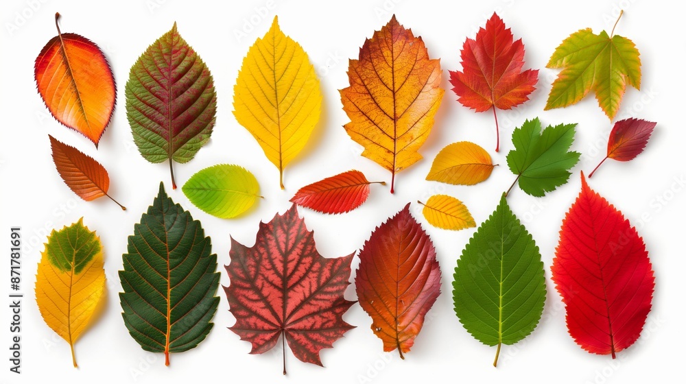 Obraz premium A collection of autumn leaves in various colors, including red, yellow, and green. The leaves are arranged in a row, creating a sense of harmony and balance. The image evokes a feeling of warmth