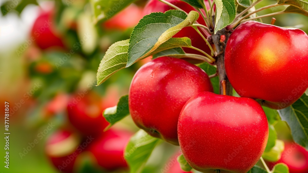 Obraz premium Three red apples hanging from a tree. The apples are ripe and ready to be picked. The tree is lush and green, providing a healthy environment for the apples to grow