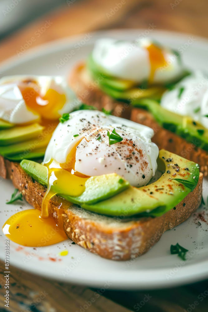 avocado toast with poached eggs. AI generative. avocado toast with poached eggs. AI generative.