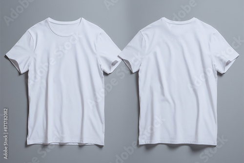 A plain white t-shirt displayed from two different angles against a gray background. On the left side, the t-shirt is shown with its front facing the viewer, while on the right. © Hogr