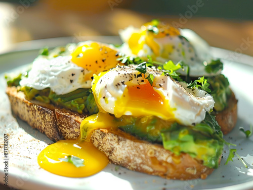  avocado toast with poached eggs. AI generative.