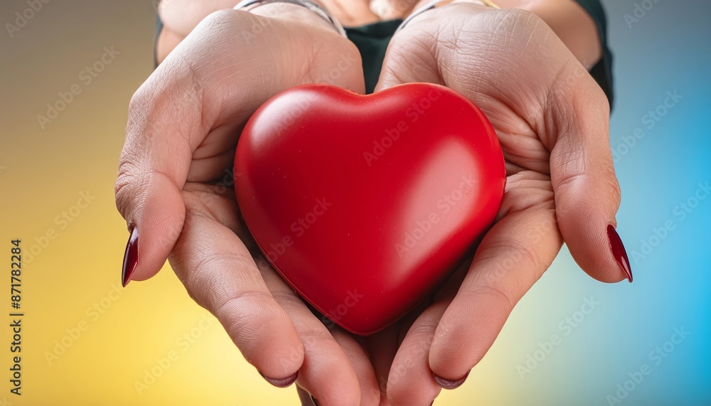 Obraz premium heart in the palms of the hands on a gradient background, red shiny heart , generated by AI. High quality photo