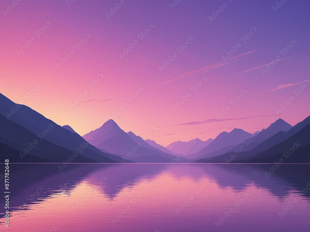 Minimalist sunset, abstract mountains, pink and purple sky, calm water, tranquil mood Minimalist sunset, abstract mountains, pink and purple sky, calm water, tranquil mood