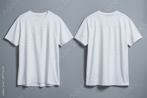 A plain white t-shirt displayed from two different angles against a gray background. On the left side, the t-shirt is shown with its front facing the viewer, while on the right.