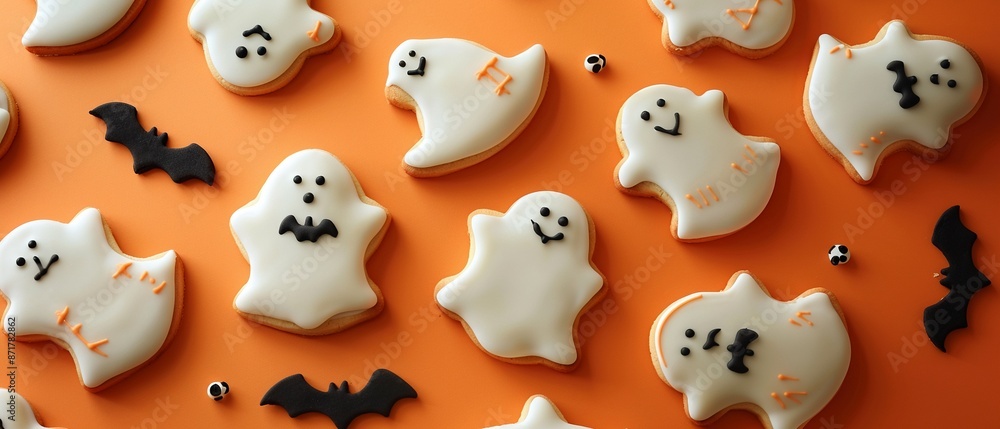 A collection of Halloween-themed cookies shaped like ghosts bats A collection of Halloween-themed cookies shaped like ghosts bats