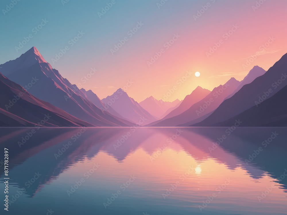 Pastel mountains, abstract sunset, calm waters, gradient sky, tranquil and serene Pastel mountains, abstract sunset, calm waters, gradient sky, tranquil and serene