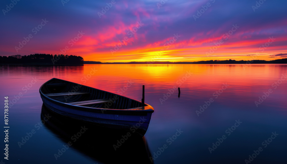 A boat is floating on a lake with a beautiful sunset in the background A boat is floating on a lake with a beautiful sunset in the background
