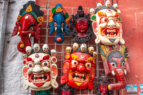 Different types of Buddhism style masks. Lhasa, Tibet, China