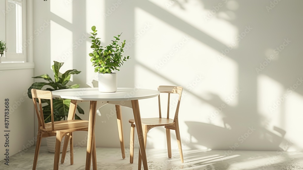 A fresh, modern dining area with a sleek white table, simple wooden chairs, and a single green plant as a centerpiece, bathed in natural light. A fresh, modern dining area with a sleek white table, simple wooden chairs, and a single green plant as a centerpiece, bathed in natural light.