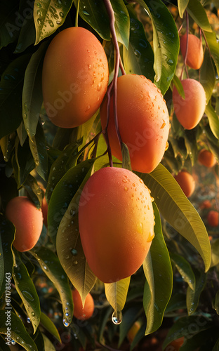 beautiful  ripe golden mangos with water drops  in beautiful light hanging on tree. digital artwork.  Ai generated. photo