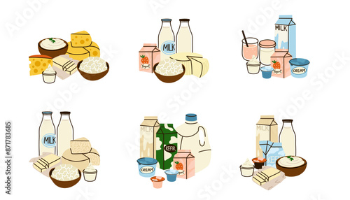 Dairy products set. Milk, kefir and yogurt, cardboard packaging containers, glass bottle. Different cheese, butter and cream. Organic farm healthy food. Vector cartoon flat isolated illustration