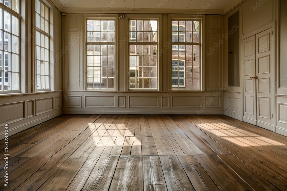 Interior of a room with a wooden floor and a large window Interior of a room with a wooden floor and a large window