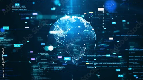 Digital technology concept with Earth surrounded by data streams and abstract binary codes. Global network communication on dark blue background.