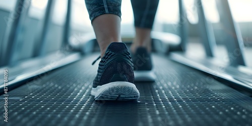 Fototapeta Naklejka Na Ścianę i Meble -  Closeup of sports shoes on treadmill in stadium with copy space. Concept Sport Shoes, Treadmill, Stadium, Fitness, Copy Space