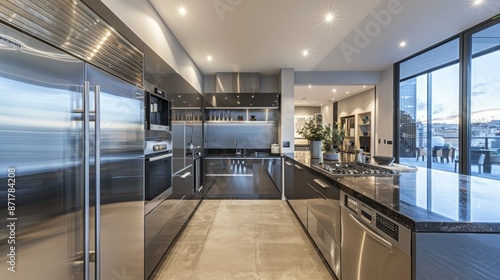 A minimalistic, monochromatic kitchen with sleek cabinets, stainless steel appliances, and a clutter-free countertop, demonstrating modern design and functionality. © MAY