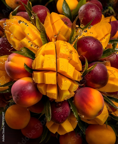 stunning background  image with ripe golden mangos and peahces with water drops  in beautiful light. digital artwork.  Ai generated. photo