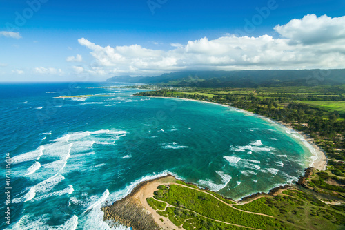 Aerial view of waves crashing on Malaekahana beach, Hawaii, United States. photo