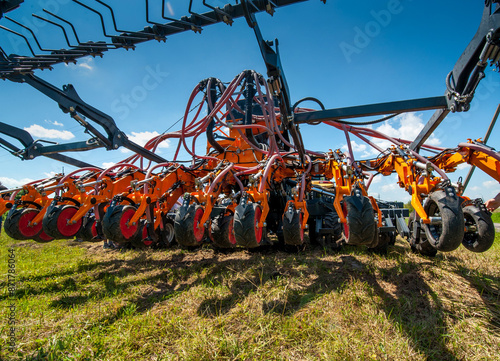 close-up of a seeder with precision seeding technology, wide bottom angle