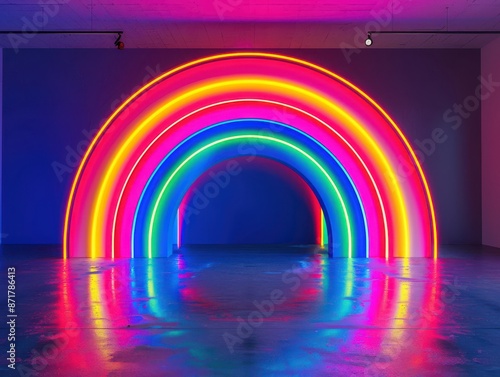 A neon lighted rainbow is displayed in a large room. Free copy space for text.