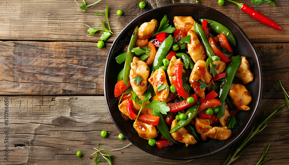 Stir fry chicken, sweet peppers and green beans on wooden table Stir fry chicken, sweet peppers and green beans on wooden table