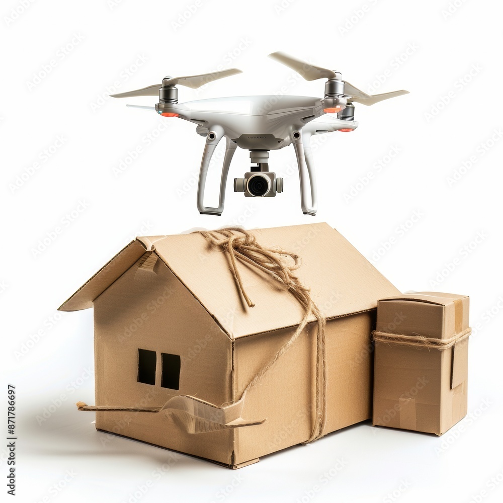 Modern Drone Delivery Service for Suburban Homes with Efficient Technology on Isolated White Background - Copy Space Available Modern Drone Delivery Service for Suburban Homes with Efficient Technology on Isolated White Background - Copy Space Available