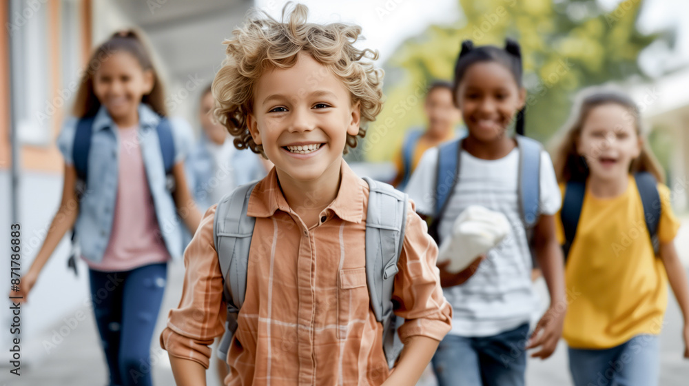 Group of happy multicultural kids with backpacks running and playing at school Group of happy multicultural kids with backpacks running and playing at school