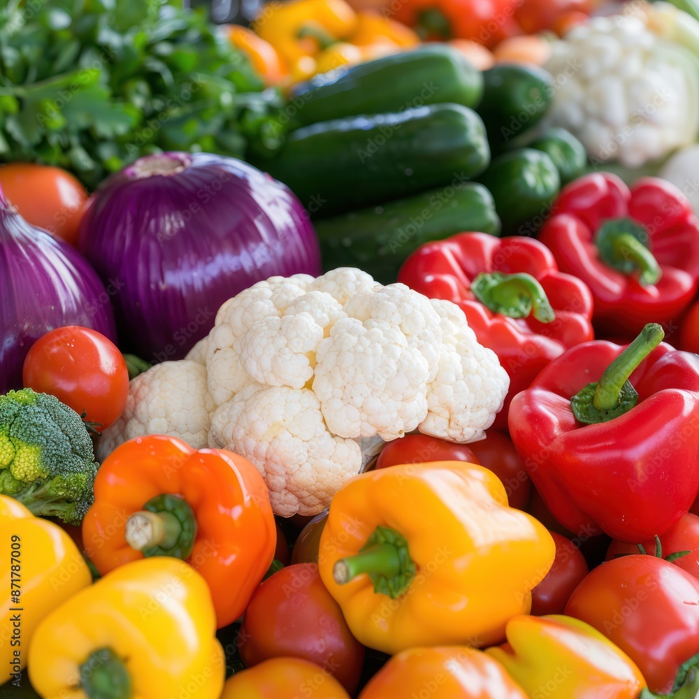 Varied colors of fresh vegetables in a vibrant display copy space, nutritious, vibrant, fusion, market stall Varied colors of fresh vegetables in a vibrant display copy space, nutritious, vibrant, fusion, market stall