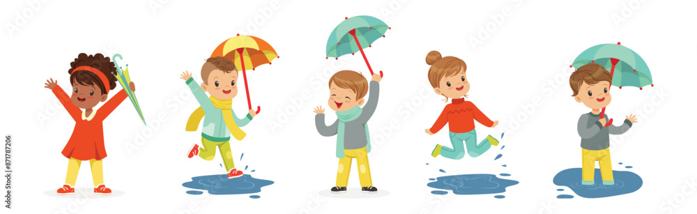 Cute Little Kid Character Splashing in Puddle Vector Set Cute Little Kid Character Splashing in Puddle Vector Set